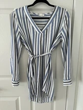 MINE Womens Blue Striped Long Sleeve Vneck Belted Mini Swim Cover Dress Sz Small