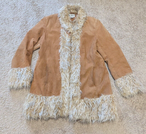 Mixit Penny Lane Coat Womens Sz XL Y2K Vtg Suede Leather 70s Faux Fur Trim - Picture 3 of 14
