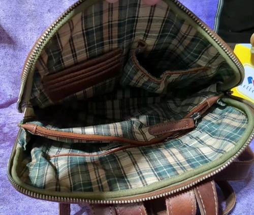 Wild West Los Angeles Cognac Brown Leather Backpack Plaid Interior Card Slots + - Picture 5 of 8