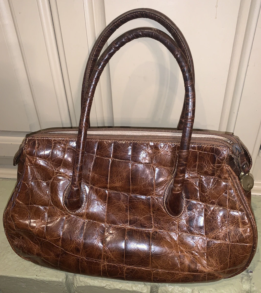 Furla Medium Tan/Brown Croc Embossed Leather Tote Bag Handbag Purse