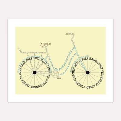 Cycling Word Art Print, Typographic Bicycle Design, Bike Terminology, 2 Sizes
