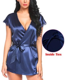 Women's Lace Trim Kimono Robe Nightwear Nightgown Sleepwear Satin Short Robe US