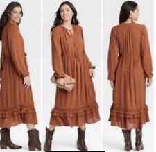 Knox Rose Dress M Rust Orange Boho Festival Prairie Midi Crochet Ruffle Hippie