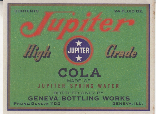 VINTAGE JUPITER COLA SODA POP BOTTLE LABEL GENEVA BOTTLING WORKS ILLINOIS