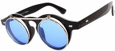 Flip Up C1 Gothic Retro Round Circle Plastic Sunglasses Black Frame Blue Lens