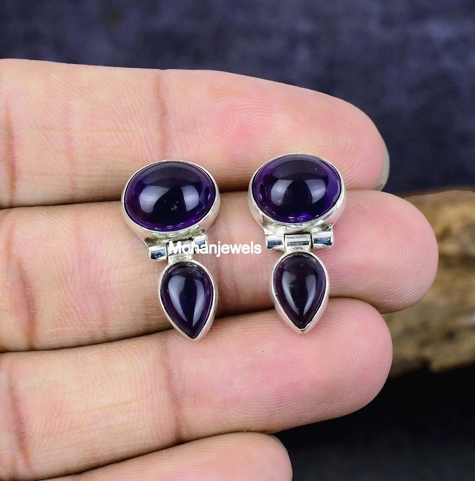 Purple Amethyst Silver Plated Stud Earring Jewelry Birthday Gift for Her - Image 3 of 4