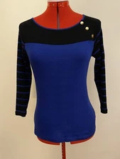 LAUREN RALPH LAUREN TOP~S~BLUE & BLACK~GOLD BUTTONS~3/4 SLEEVES~100% COTTON