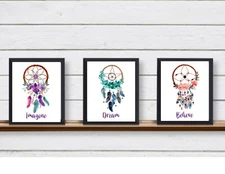 Set of 3 Dreamcatcher Unframed Wall Art Prints IMAGINE DREAM BELIEVE