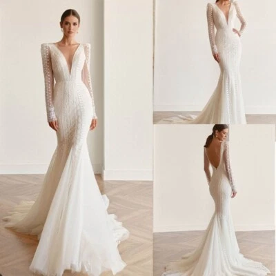 Boho Brautkleid Hochzeitskleid V-Ausschnitt Langarm Column Mermaid Weiß Ivory - Bild 1 von 4