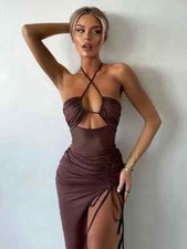 Sexy Halter Backless Sleeveless Cut Out Dress for Women Club Party Slit Dresses