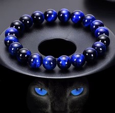 8mm Tiger's Eye Blue Gemstone Stretch Bracelet Protection Anxiety Relief