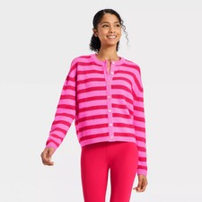 Women's Button-Up Cardigan Sweater - JoyLab Neon Pink/Red Stripe XS