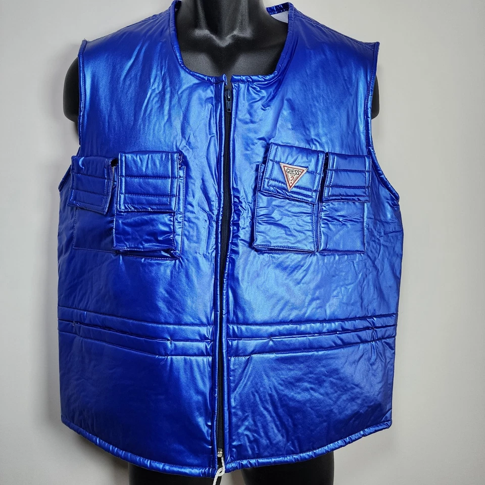 Vintage Guess Metallic Blue Vest Mens Large Shiny Jacket Michael Jackson 90s Y2K - Image 3 of 4