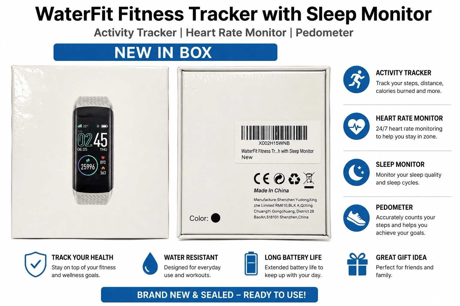 WaterFit Fitness Tracker with Sleep Monitor Heart Rate Activity Tracker New
