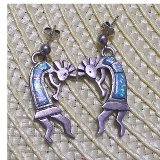 calvin begay Sterling Silver Kokopelli Opal Inlay Dangle/Drop Earrings Signed