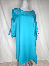 YOINS Womens Teal Solid Lace Yoke Shift Dress L 3/4 Sleeve Round Neck Sheer