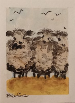 Aceo Original Painting Three Sheep  Let s Stick Together 