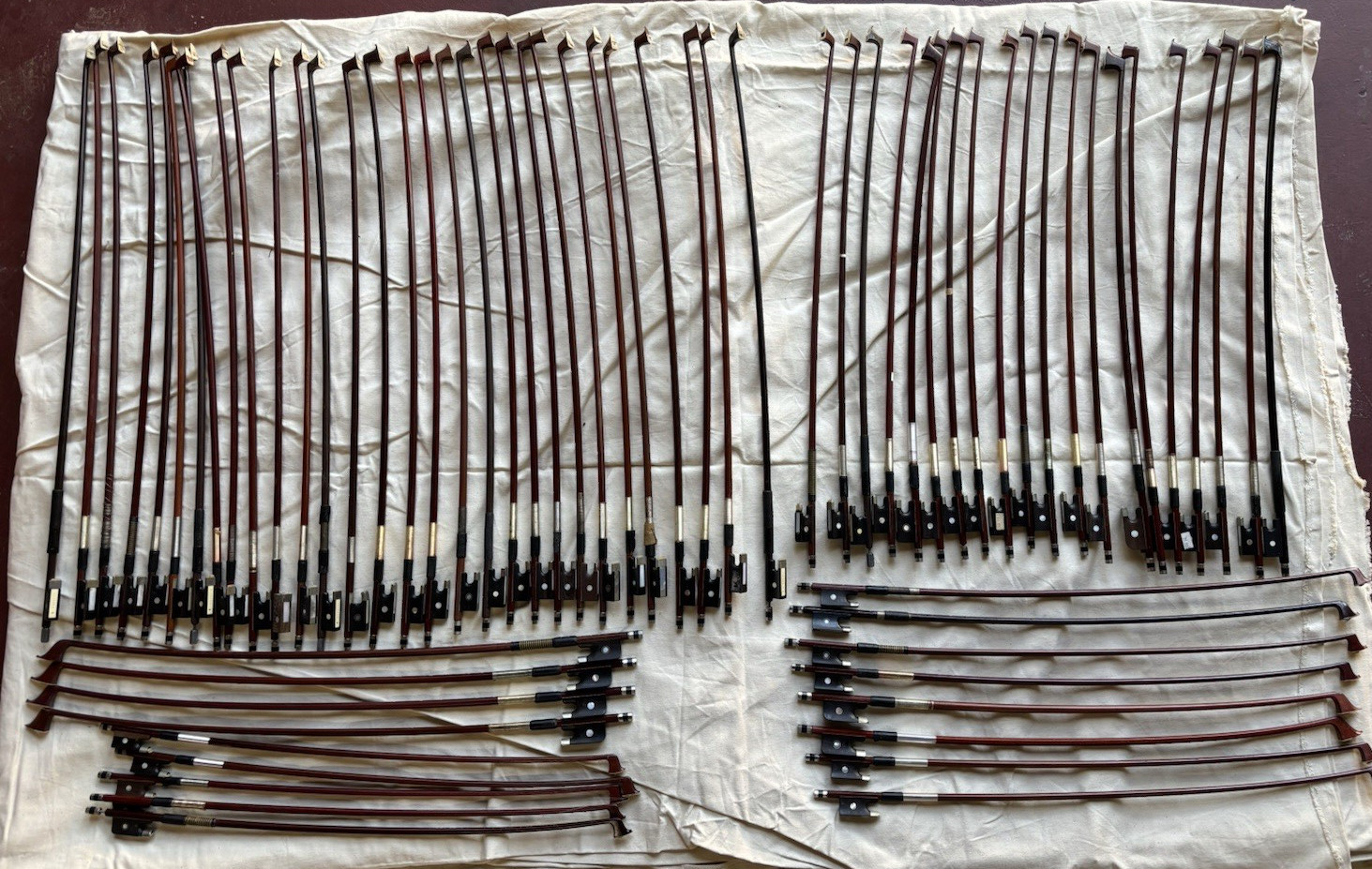 Wooden Violin Bows Lot of 67 for Parts, Repair, Re-hair.