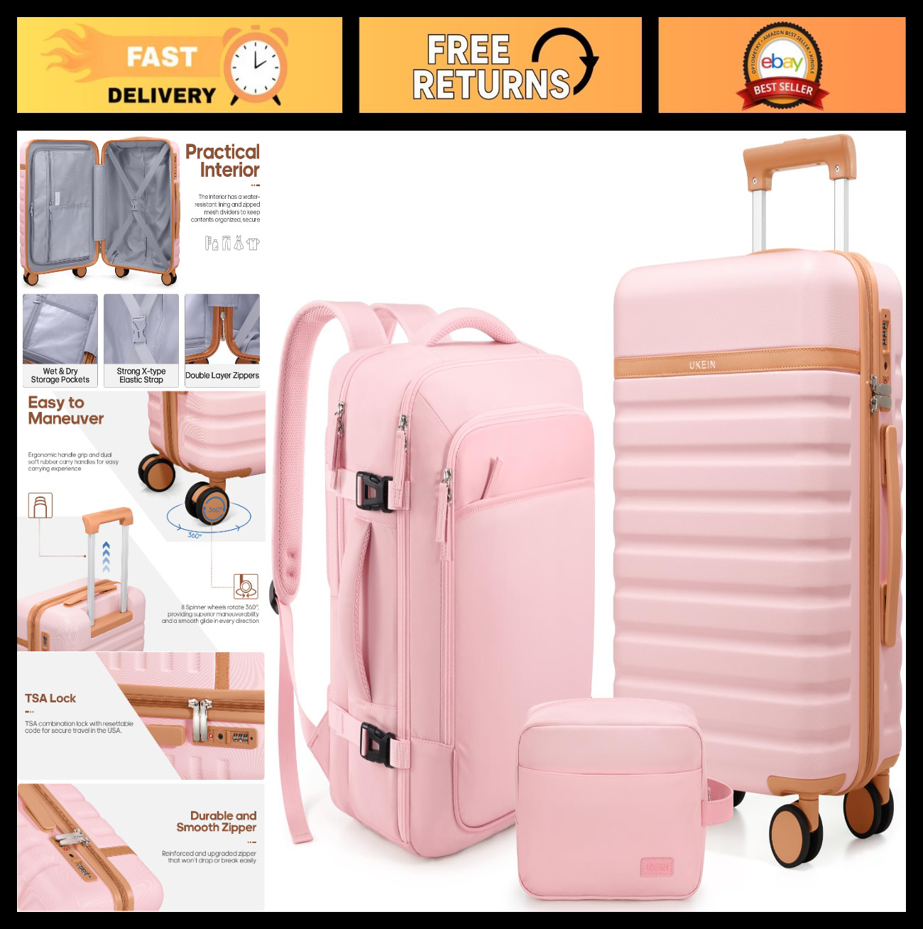 Set, 20" Carry-on With Spinner Wheels & Tsa Lock, Pink
