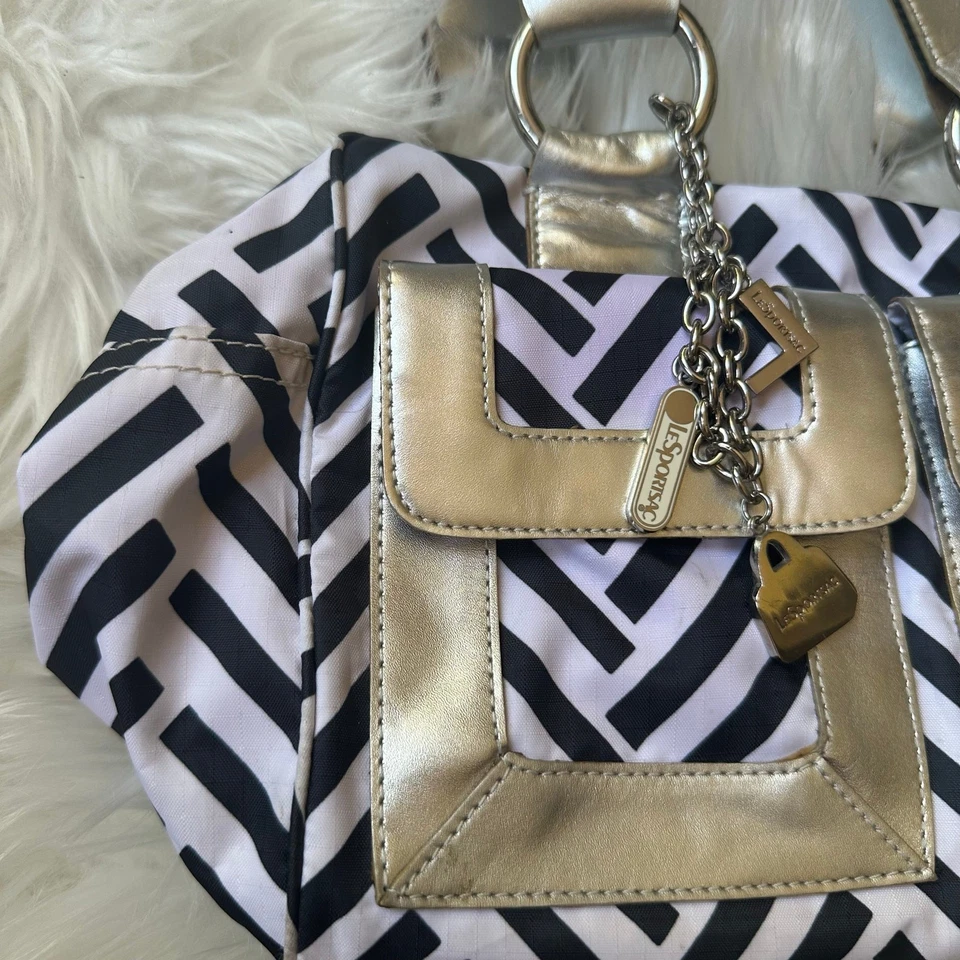 Vintage Y2K Lesportsac Leather Trim Metallic Striped Shoulder Bag Chevron Retro  - Image 3 of 4