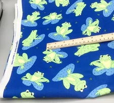 Oakhurst Textiles LARGE MOTIF FROGs ON LILY PADS Blue Green BTY Cotton Fabric