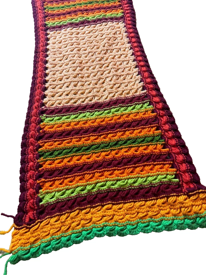 Vintage 70s Granny Knit Autumn Crochet Afghan Blanket TABLE RUNNER Stripe Boho - Image 3 of 4