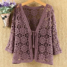 Women Lace Crochet Hollow Out Jacket Cardigan Cover Up Knitted Basic Coat