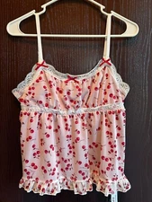 Y2K Romwe Red Pink Babydoll Top Womens LARGE 8/10 Cherries Stretch Mesh lined