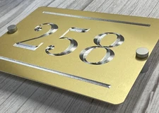 Engraved Custom House Home Number Street Address Gold 6x4 Sign & Offset Mounts