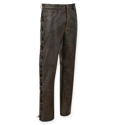 Distressed Leather Brown Pant For Men sexySide Laces 5 Pockets Real Leather Pant