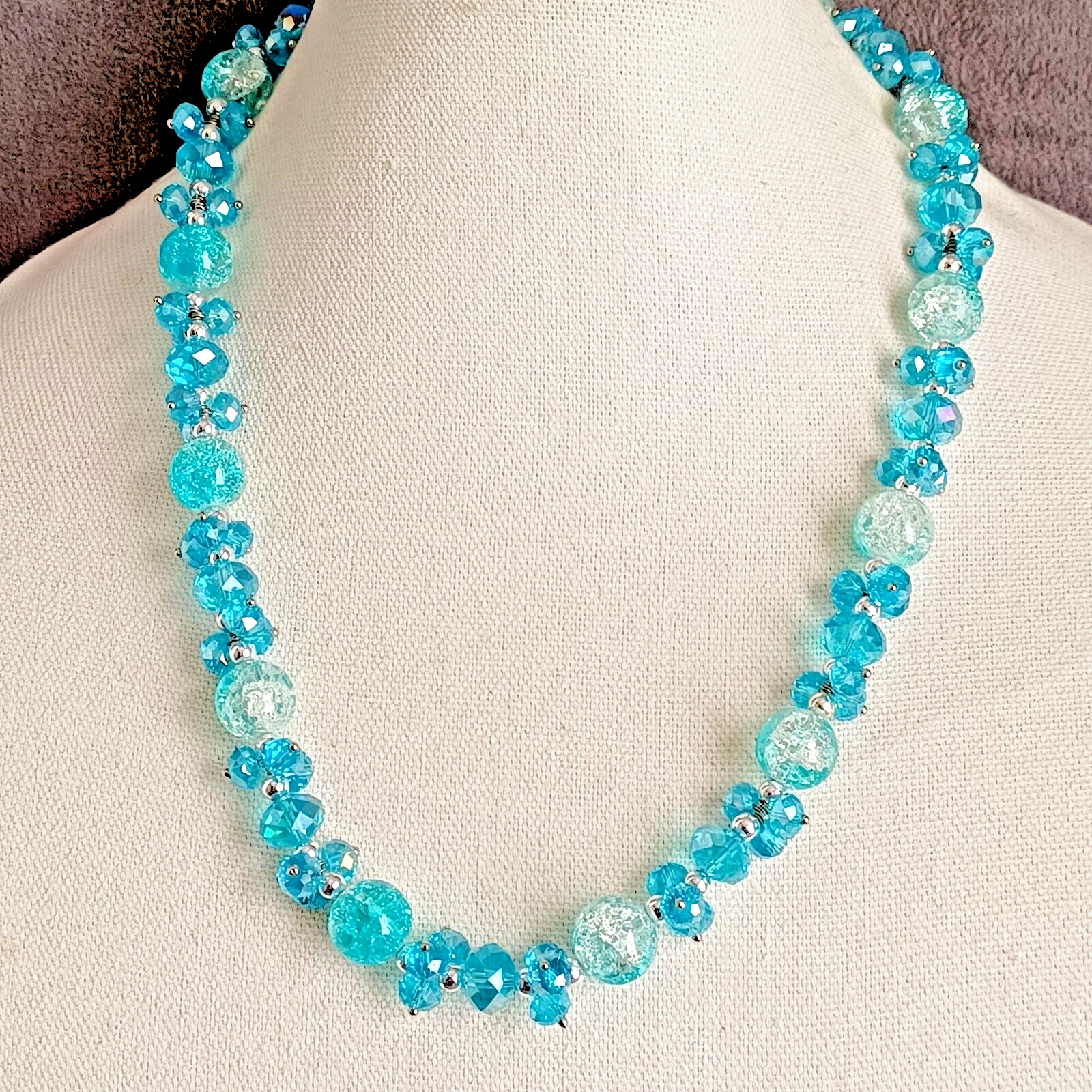 Park Lane Demi Parure Necklace Earrings Set with Blue Crackled Glass Beads Faceted 22 Inches