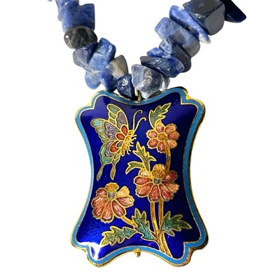 Vintage 70s Lapis Lazuli Necklace w/ Cloisonné Butterfly Pendant 15  Hand-Beaded