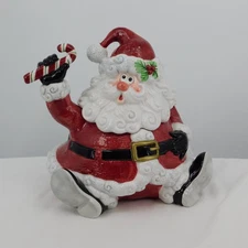 Fitz and Floyd Christmas Yuletide Holiday Sitting Santa Cookie Jar Candy Cane