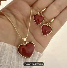 Sparkling Crystal Red Heart Jewelry Set Necklace Earrings Bracelet Ring Gold Ton