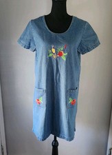 Vintage CB Casual Denim Dress Flower Embroidery Eclectic Grandma Size Small