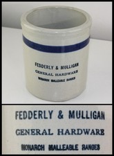 Antique Fedderly & Mulligan Monarch Ranges Stoves Old Crock Blue Band Beater Jar
