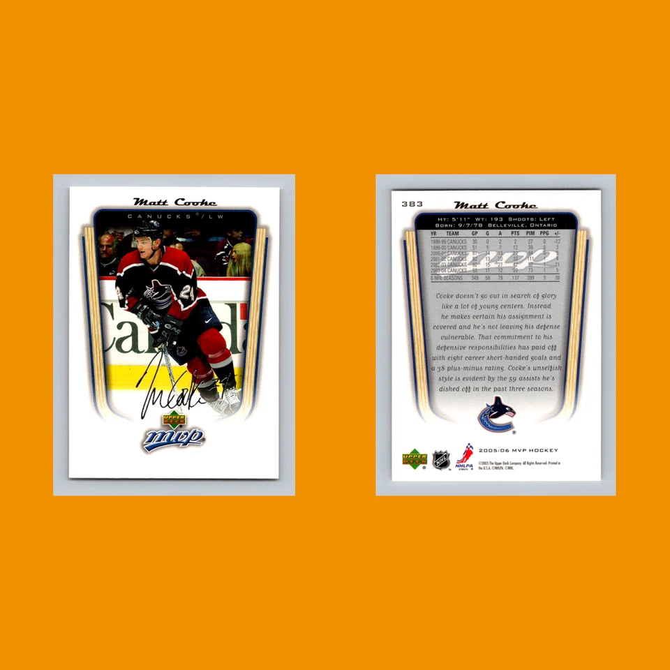 Matt Cooke #383 2005 Upper Deck MVP Vancouver Canucks Hockey Card NHL NM - Image 3 of 3