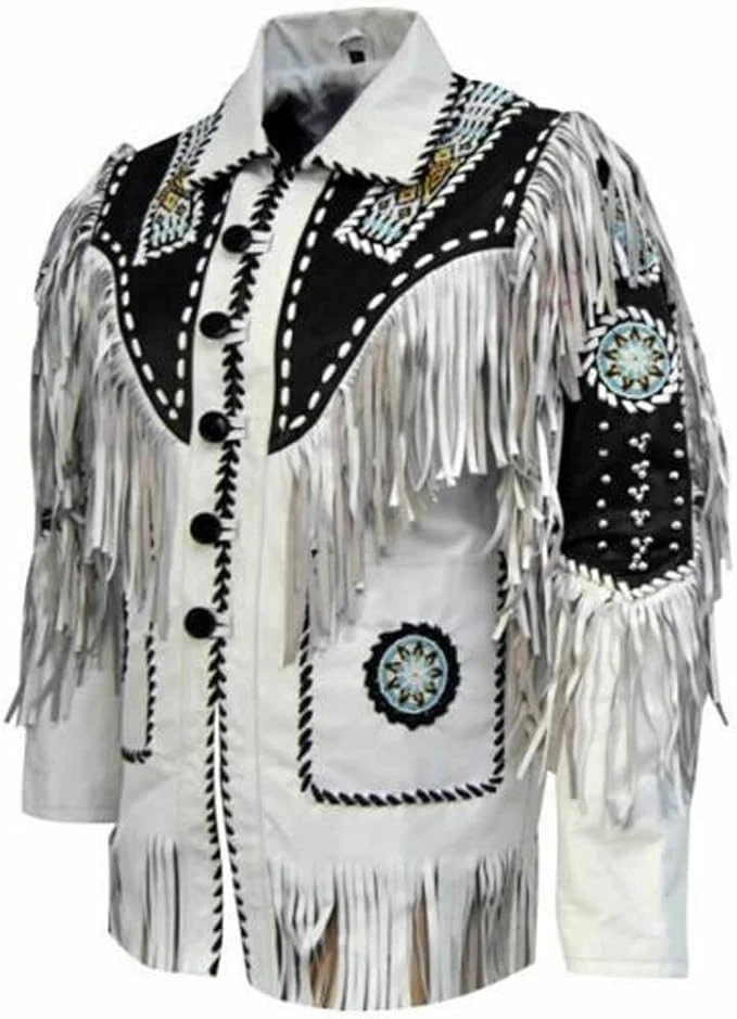 Western Cowhide Leather Jacket Mens Native American Beads & Fringe Cowboy Jacket - Image 2 of 4