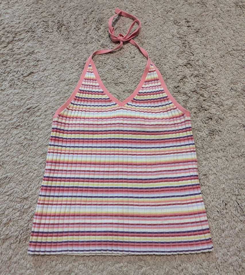 Top Halter De Colección Antiguo Azul Marino Y2K Rayas Talla S Acanalado Boho Fairy Grunge Festival Foto 3 de 4