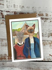 Cat version of American Gothic painting, farmer  note card, greeting card #0514
