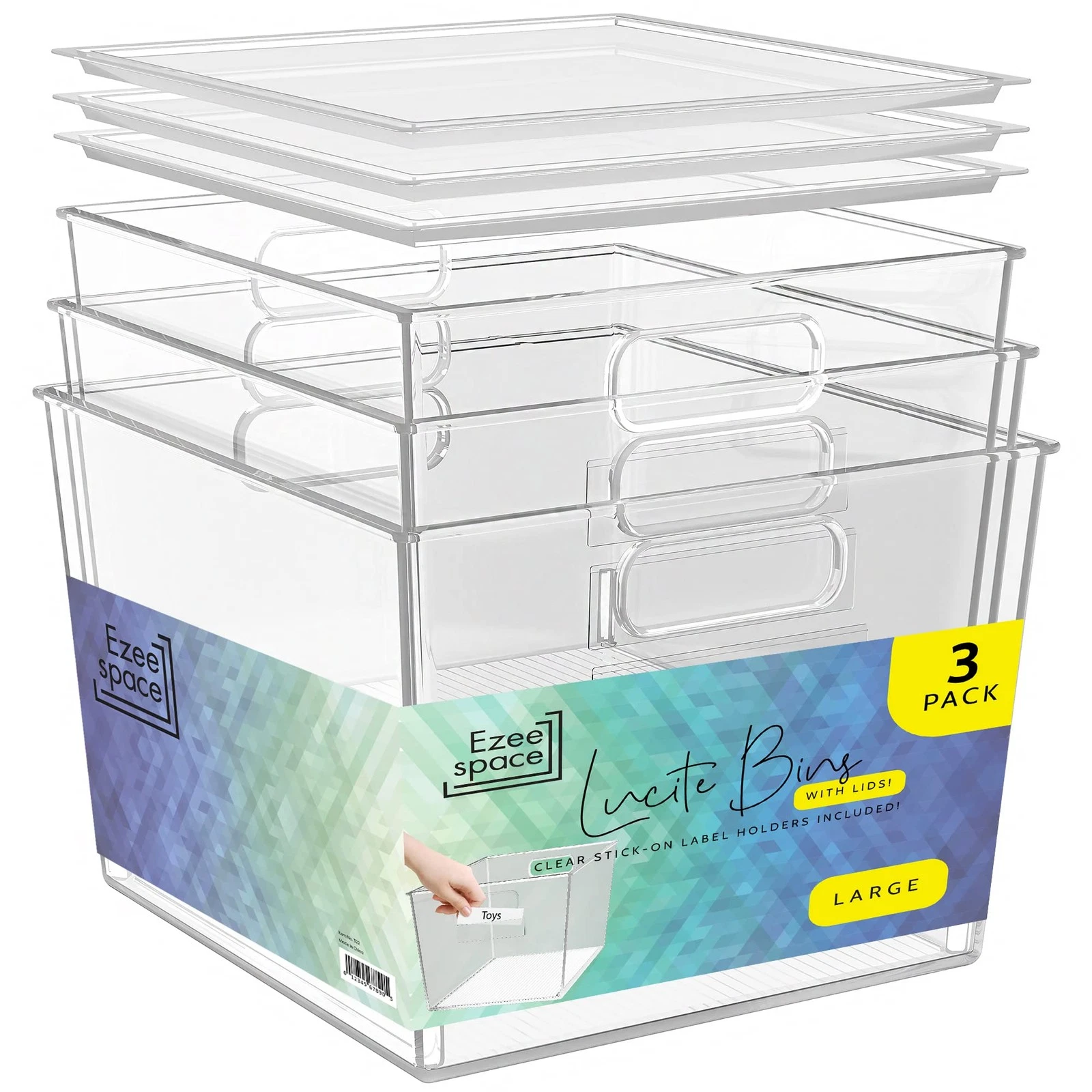 EZEE SPACE 3PK CLEAR PLASTIC STORAGE BINS WITH LIDS - 8X10 - CLEAR
