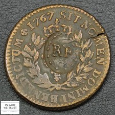 1767 French Colonies Colonial Copper Sou RF Counterstamp -Cracked Planchet Error