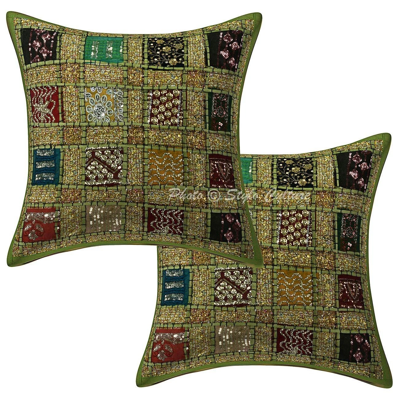 Ethnic Cotton Throw Pillow Covers Patchwork Embroidered Green Geometric 40x40 cm
