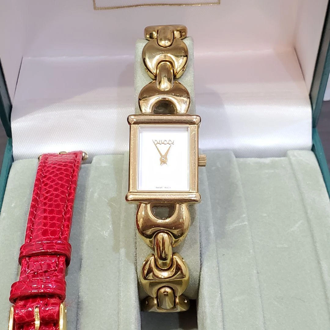 Montre GUCCI 1800L Cuir Or Rouge Change Ceinture Avec Boîte Neuve Pile Fonctionne