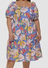 Vince Camuto Women's Blue Cotton Puff-Sleeve Tiered Midi Dress Size 14