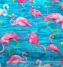 BonEful Fabric FQ Cotton Aqua Blue Water Pink Flamingo Bird Florida Ocean Flower