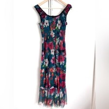 Sheer Floral Dark Green Floral Midi Dress Womens Small Milkmaid Cottagecore