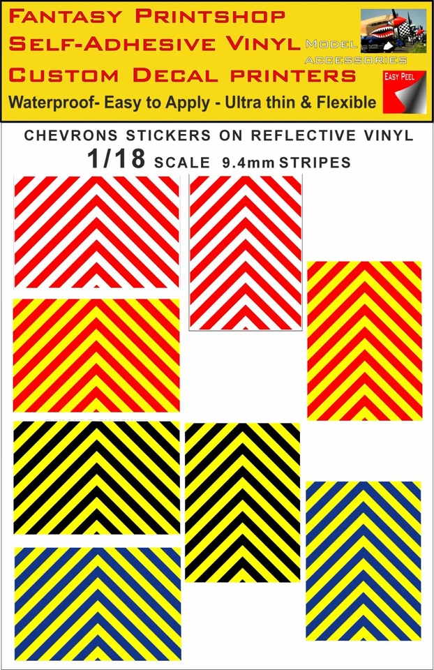 FANTASY PRINTSHOP RC 1:18 Scale CHEVRONS ON REFLECTIVE VINYL STICKER DECALS TRANSFERS STICKERS R.C