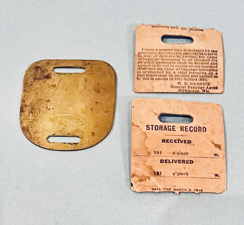 Chicago Milwaukee & St Paul Ry. Brass Baggage Tag & two cardboard claim