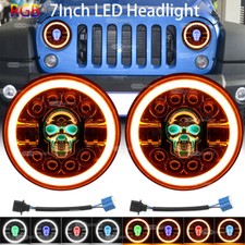 2x 7" inch Round RGB Skull LED Headlights Halo DRL For Jeep Wrangler JK LJ TJ CJ